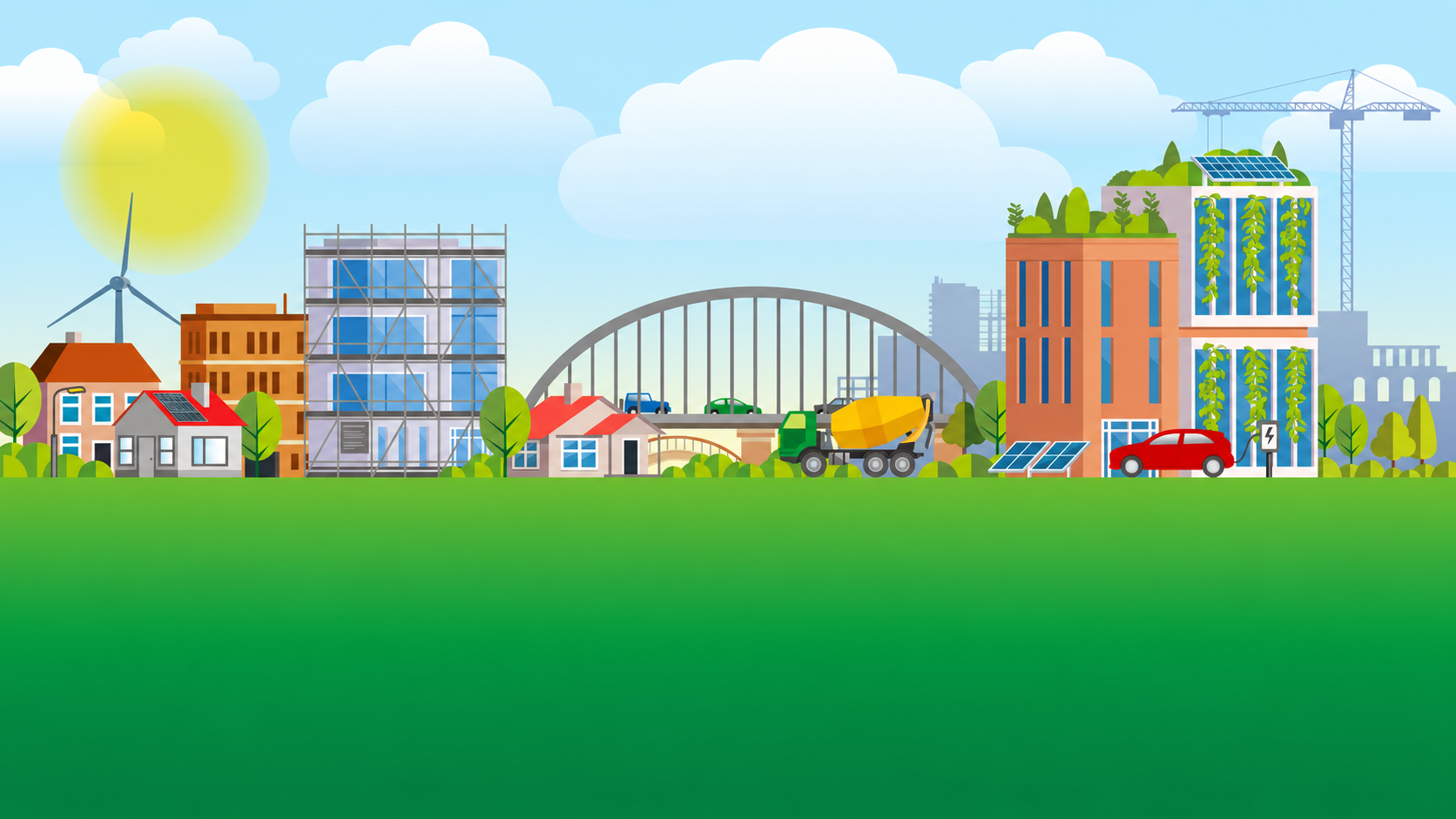 Illustratie van duurzaam bouwen met woningen, gebouwen, zonnepanelen en windenergie